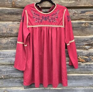 Boho Embroidered Long-Sleeve Knee Length Dress — Dark Red Festival Vibes